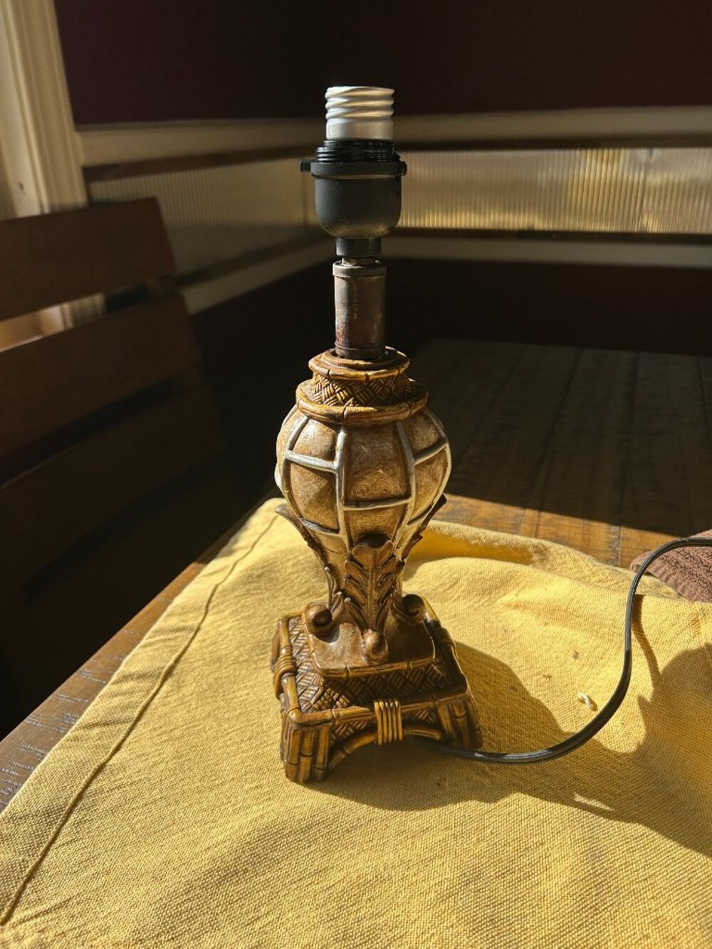 Vintage Table lamp features an ornate, gold toned bronze base w caged design  ra